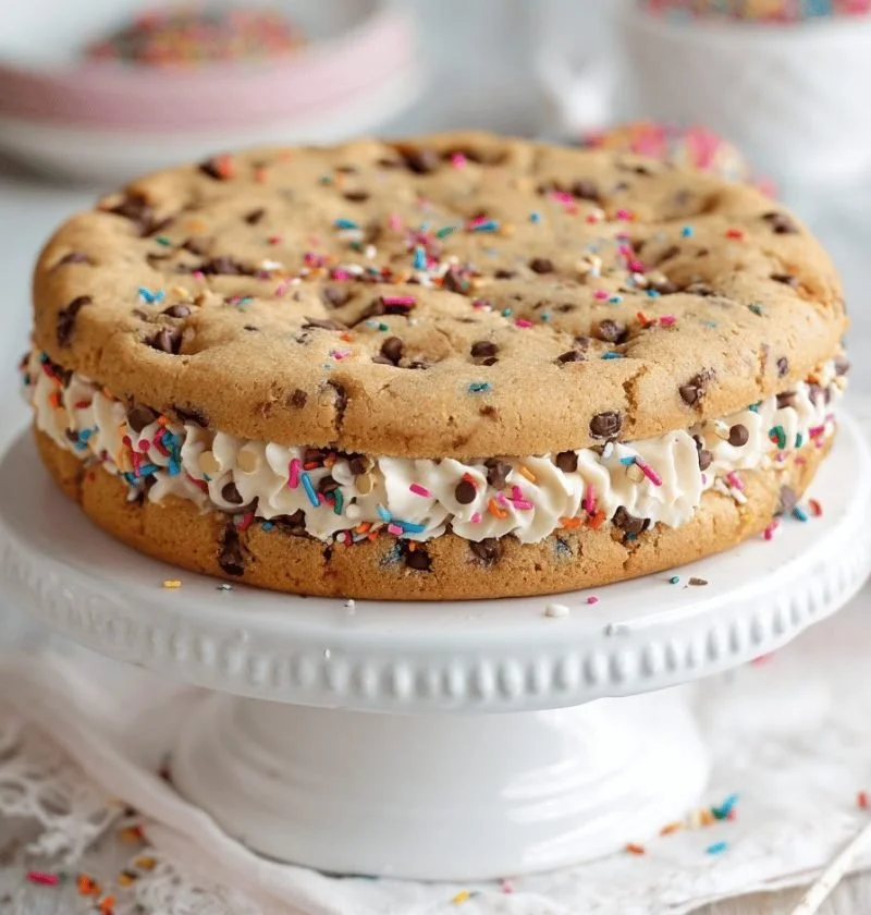 Delicious chewy cookie cake fresh out of the oven, ready to be enjoyed.