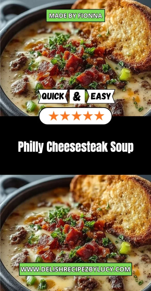 Bowl of hearty Philly Cheesesteak Soup garnished with herbs and peppers