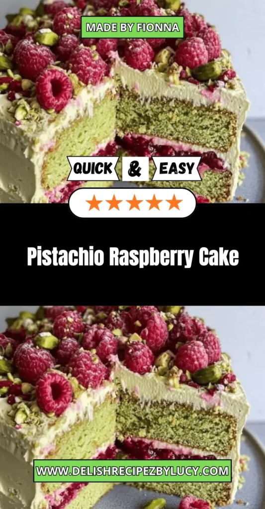 Delicious Pistachio Raspberry Cake topped with fresh raspberries and pistachios.