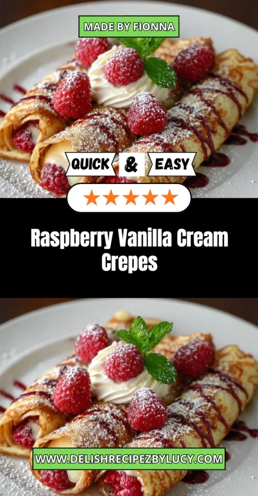 Raspberry vanilla cream crepes topped with fresh raspberries and creamy filling