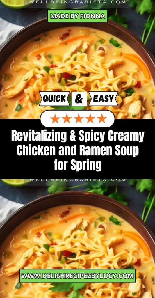 Bowl of revitalizing spicy creamy chicken ramen soup garnished with herbs.