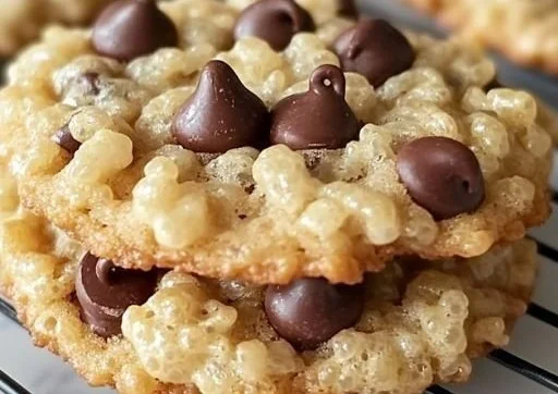 Delicious Rice Krispie chocolate chip cookies stacked on a plate