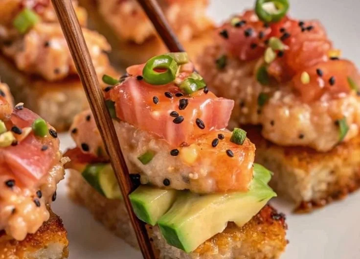 Delicious Salmon Crispy Rice served on a plate with garnishes.