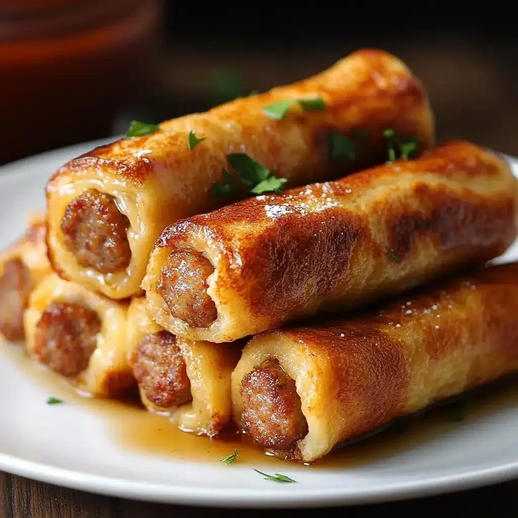 Sausage French Toast Roll-Ups served with syrup and berries