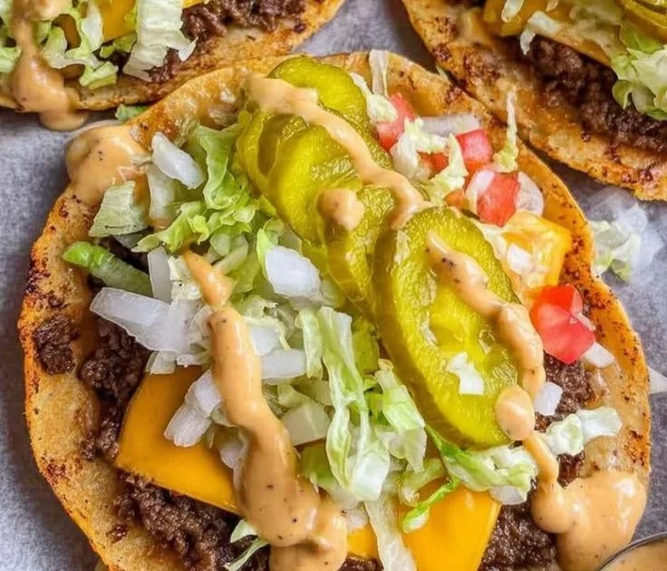 Smash burger tacos featuring grilled patties in taco shells