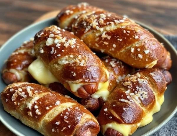 Soft baked cheesy pretzel dogs served with mustard on a rustic wooden table