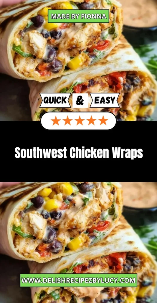 Southwest chicken wraps featuring grilled chicken, fresh veggies, and zesty sauce.