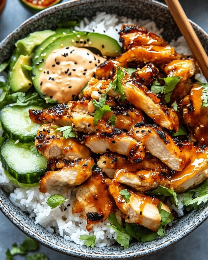 Spicy honey-ginger chicken bowl topped with creamy yum yum sauce and vegetables.
