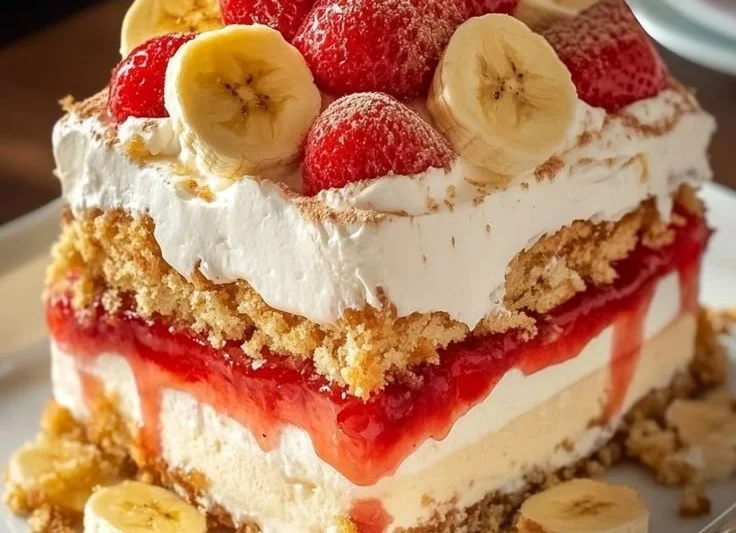Delicious Strawberry Banana Pudding Cake with layers of strawberries and bananas