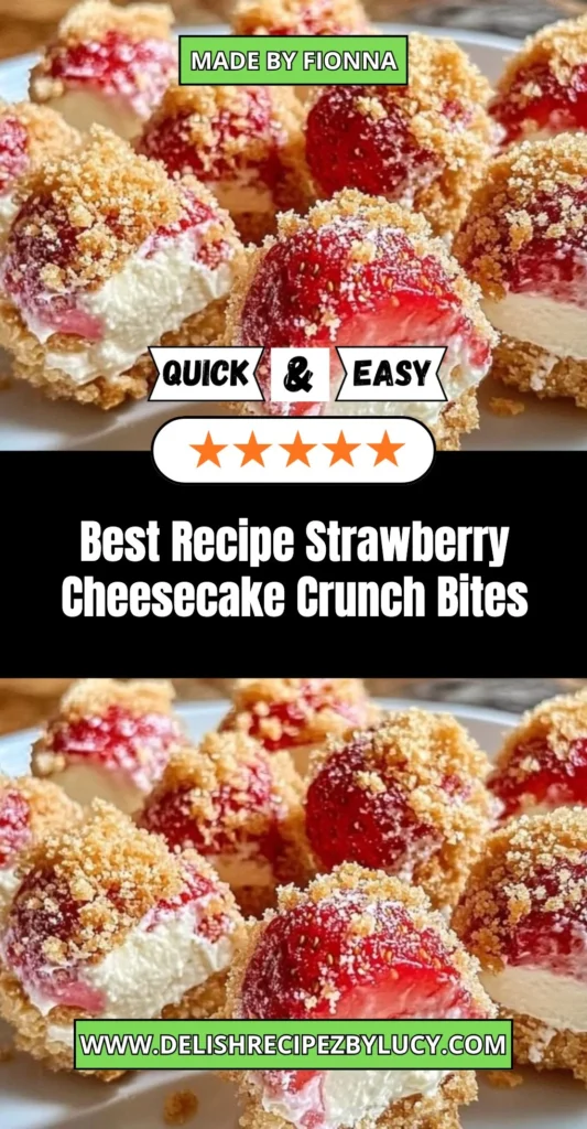 Delicious strawberry cheesecake crunch bites topped with fresh strawberries