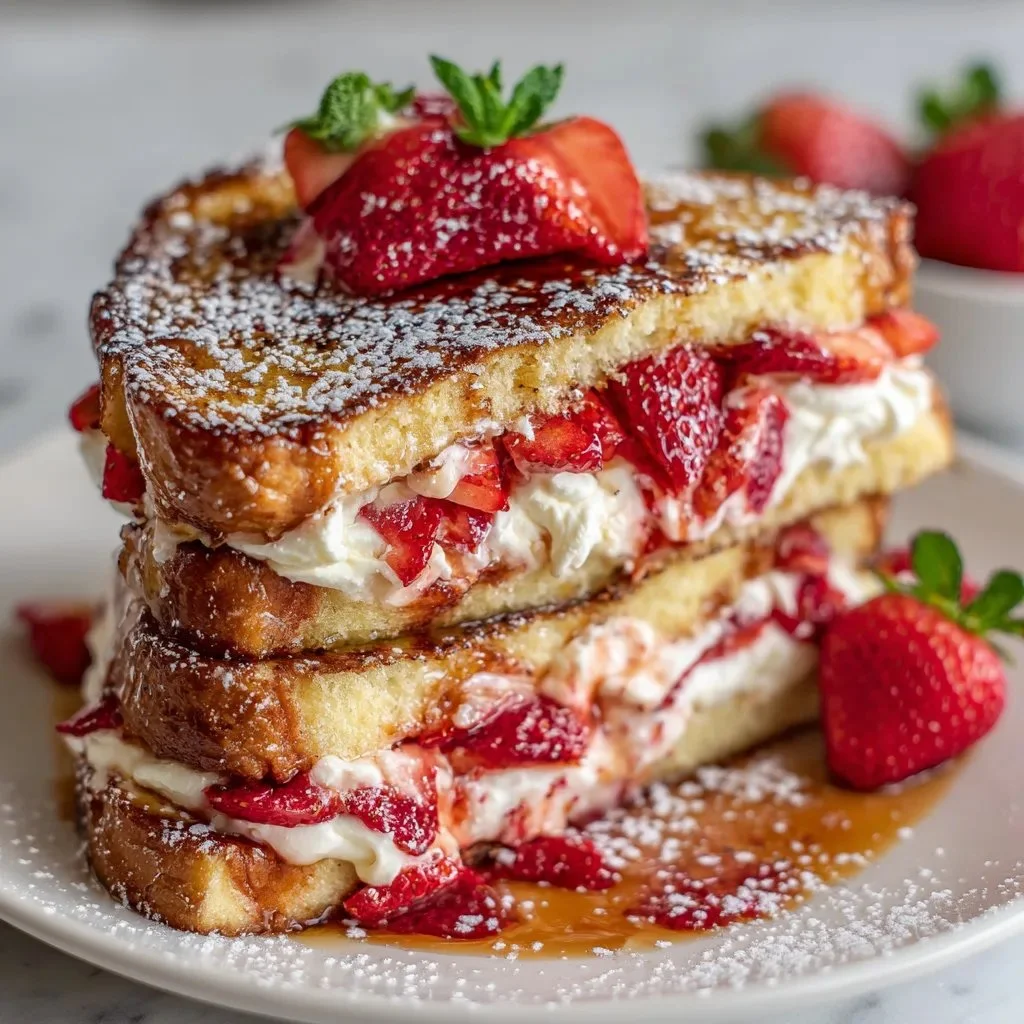 Delicious strawberry cheesecake stuffed french toast topped with fresh strawberries.