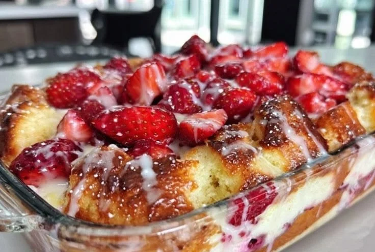 Delicious strawberry cream cheese cobbler dessert with fresh strawberries and cream.