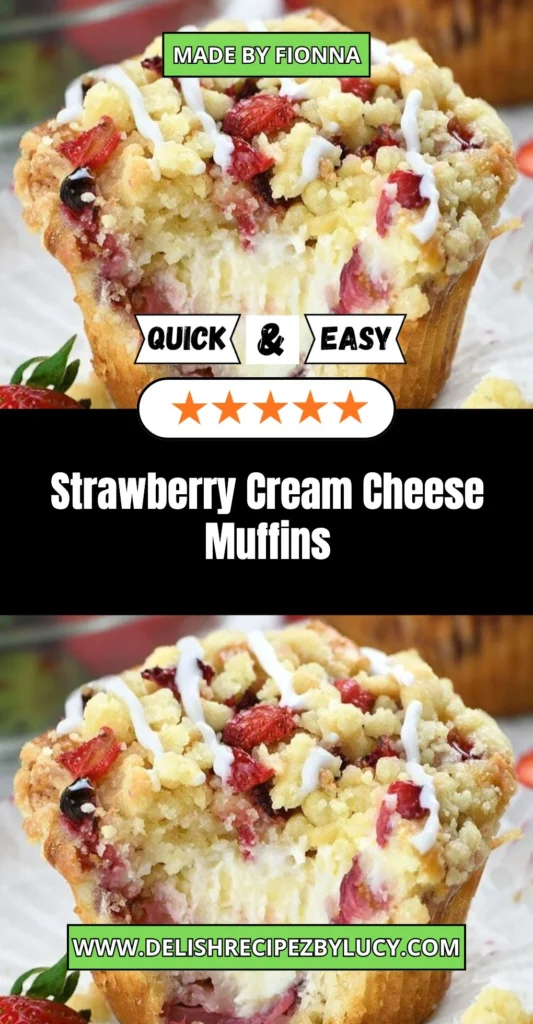 Freshly baked Strawberry Cream Cheese Muffins displayed on a wooden table