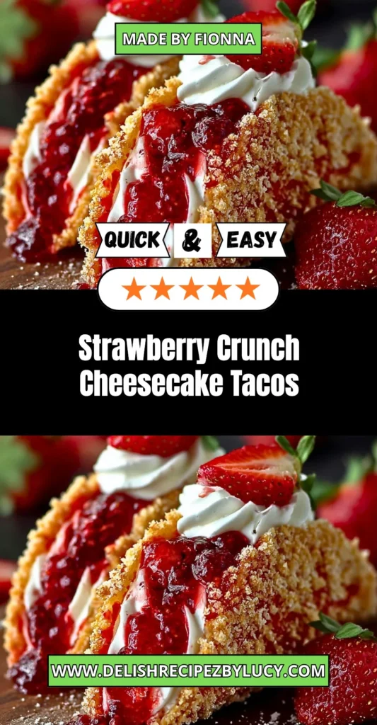Delicious strawberry crunch cheesecake tacos topped with strawberries and crunchy crumbs.