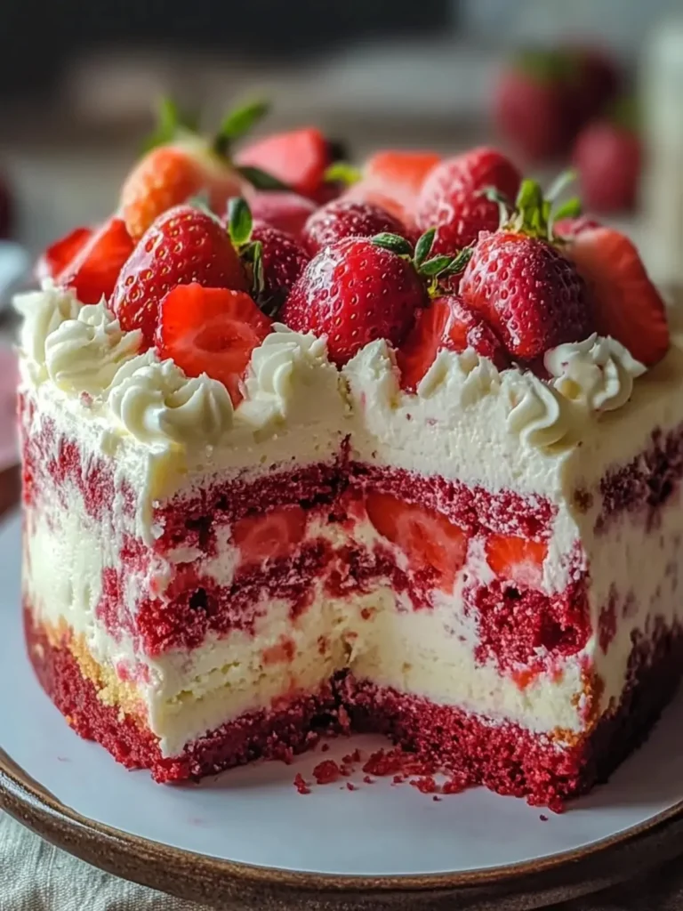 Delicious Strawberry Earthquake Cake with strawberries and cream cheese frosting