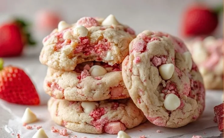 Delicious Strawberry Shortcake Cookies on a plate, garnished with fresh strawberries.