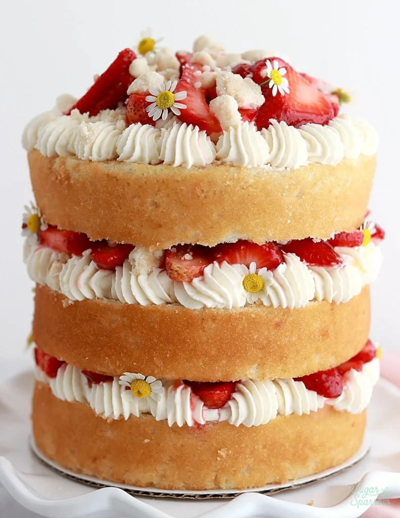 Homemade Strawberry Shortcake Layer Cake with fresh strawberries and whipped cream