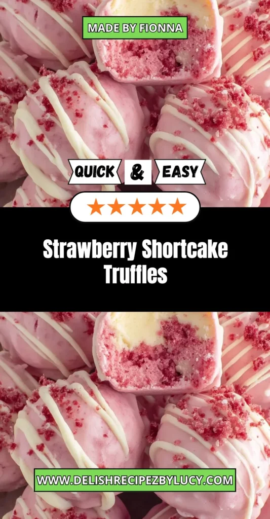 Delicious strawberry shortcake truffles topped with fresh strawberries and cream.