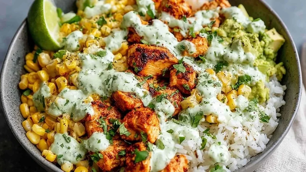Delicious Street Corn Chicken Rice Bowl with grilled chicken and fresh corn