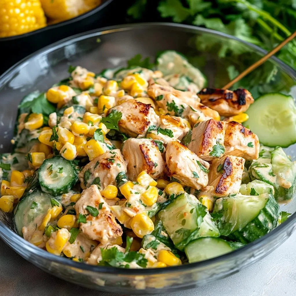 Creamy cucumber chicken salad with street corn served in a bowl