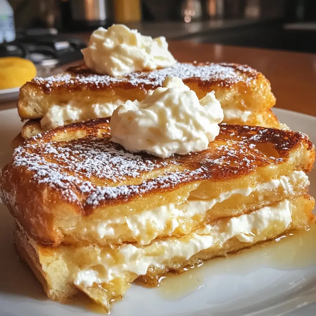 Delicious stuffed cream cheese French toast served with syrup and berries.