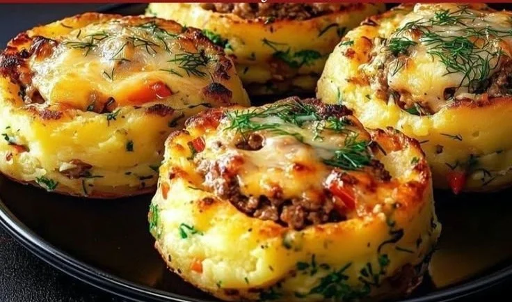 Delicious stuffed mashed potato nests topped with cheese and herbs