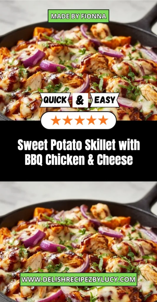 Sweet potato skillet topped with BBQ chicken and melted cheese in a pan
