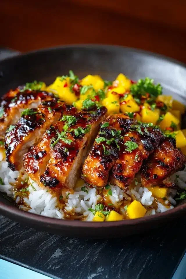 Sweet and savory Asian mango glazed chicken served on a platter