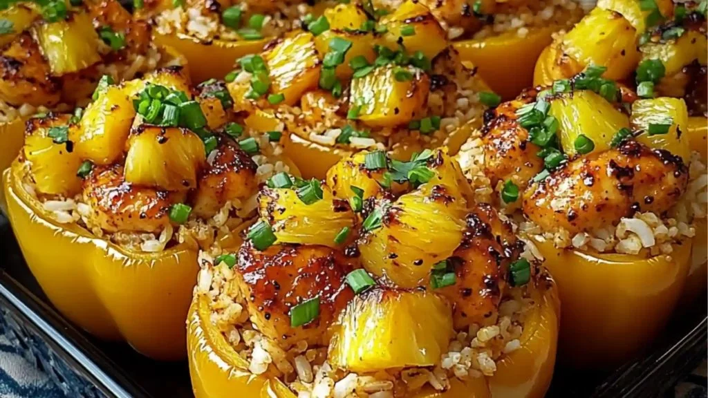 Teriyaki Pineapple Chicken and Rice Stuffed Peppers plated for serving