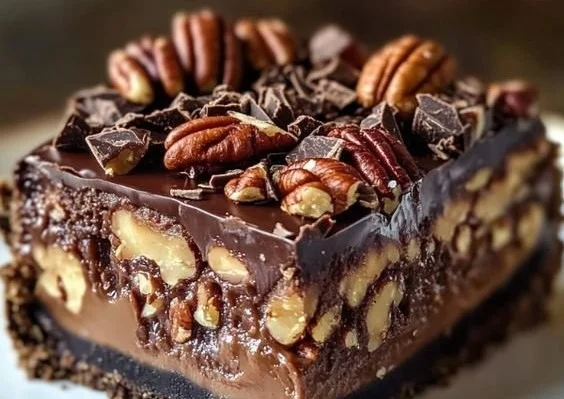 Delicious Texas chocolate pecan pie with chocolate and pecans