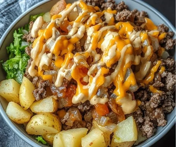 Delicious smash burger bowl with juicy beef patties and fresh toppings