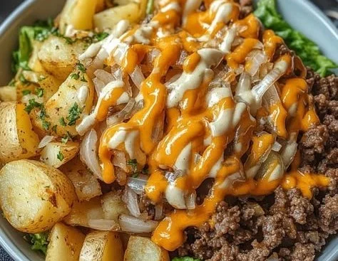 Delicious smash burger bowl with fresh ingredients and toppings