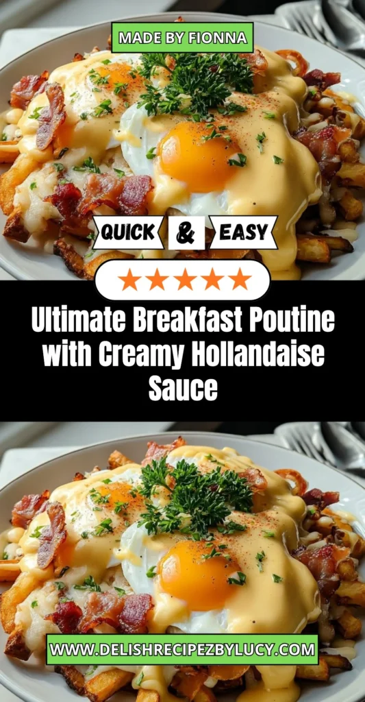 Ultimate breakfast poutine with creamy hollandaise sauce served on a plate.