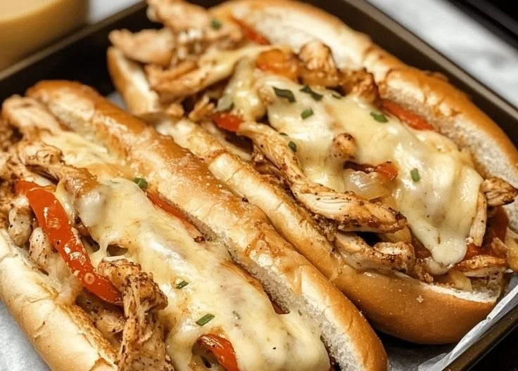 Delicious Chicken Philly Cheese Steaks loaded with cheese and peppers