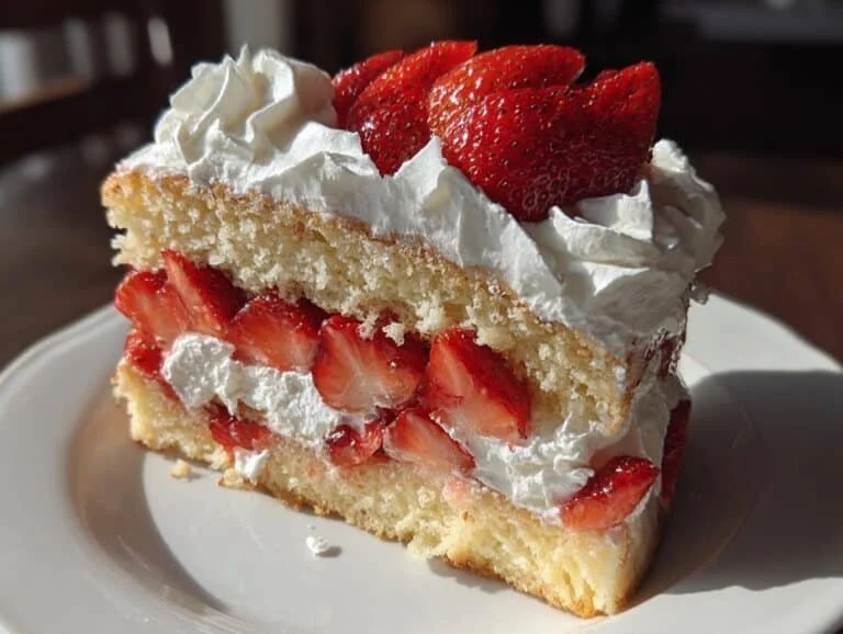 Ultimate Strawberry Shortcake Cake topped with fresh strawberries and whipped cream