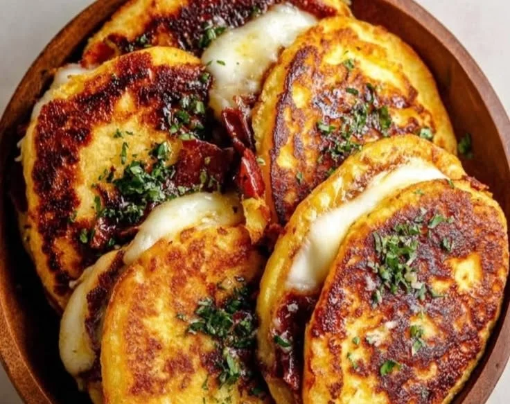 Delicious Venezuelan sweet corn cachapas served with cheese and dishes.