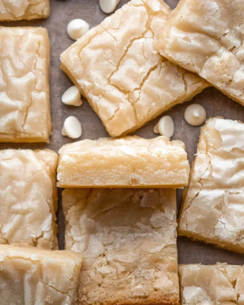 Delicious homemade white chocolate brownies with a creamy topping