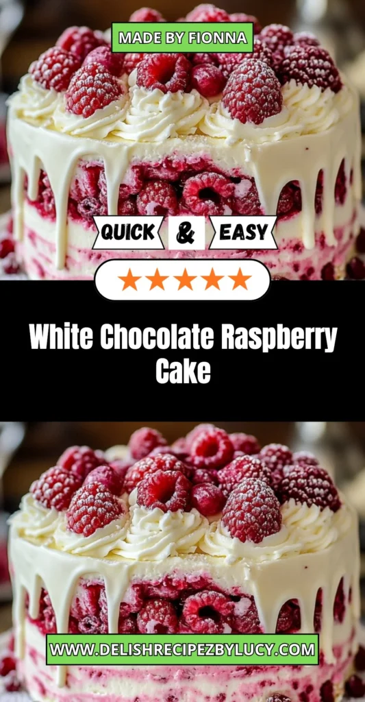 Decadent white chocolate raspberry cake with fresh raspberries and creamy frosting