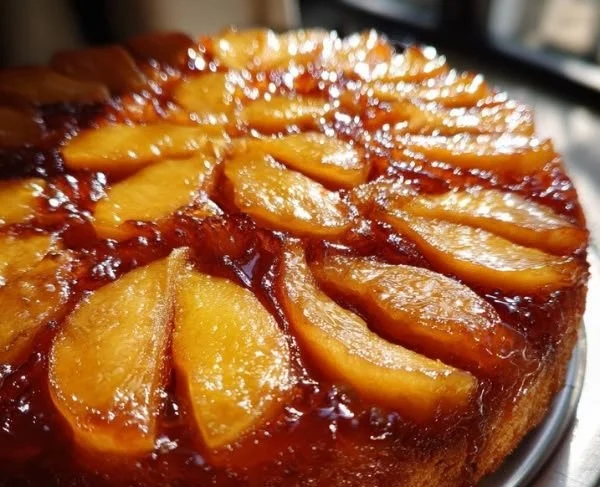 Delicious homemade apple upside-down cake topped with caramelized apples