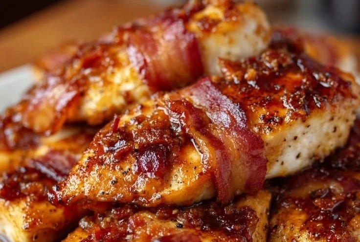 Plate of Bacon Brown Sugar Chicken garnished with herbs
