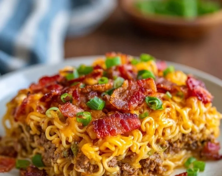 Bacon cheeseburger ramen bake topped with melted cheese and crispy bacon