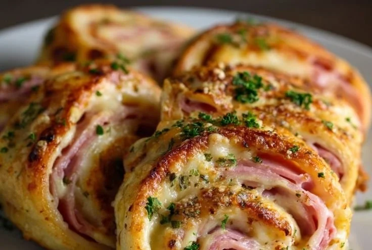 Baked ham and cheese rollups on a platter, golden and crispy.