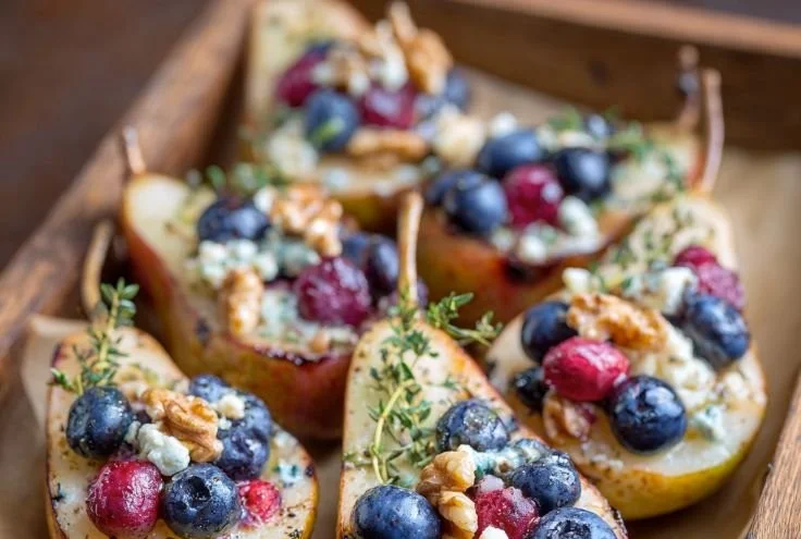 Delicious baked pears topped with fresh berries and honey