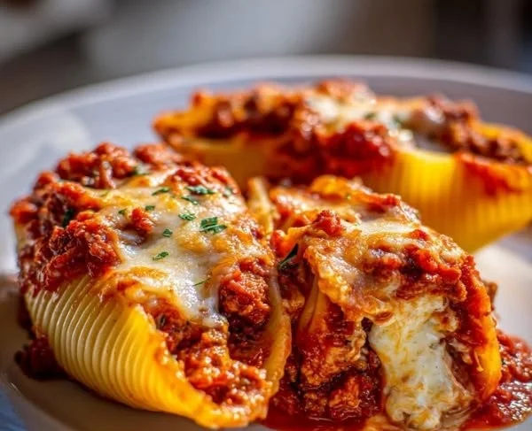 Delicious baked stuffed shells filled with cheese and spinach, topped with marinara sauce.