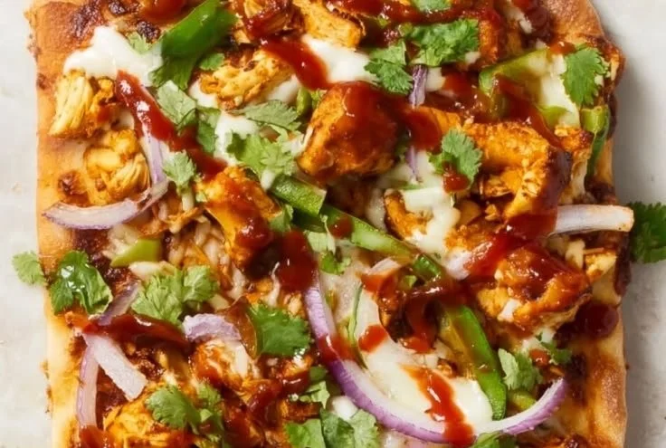 Delicious BBQ chicken flatbread pizza topped with cheese and fresh herbs.