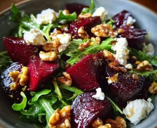 Beet salad with arugula and feta cheese garnished with nuts