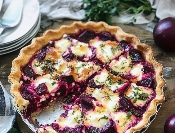 Delicious beetroot tart topped with creamy goat cheese