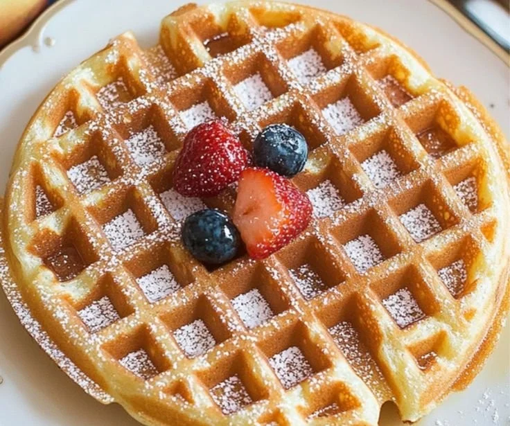 Delicious Belgian Waffles topped with fresh fruit and whipped cream