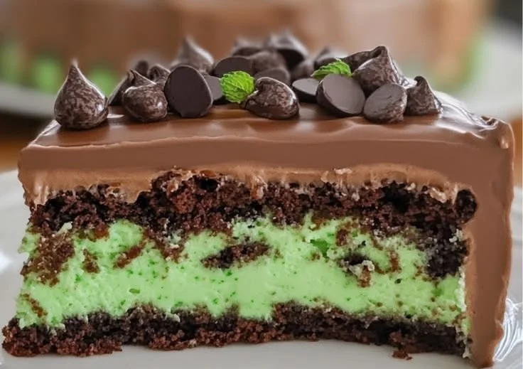Delicious mint chocolate chip cake topped with chocolate curls and mint leaves