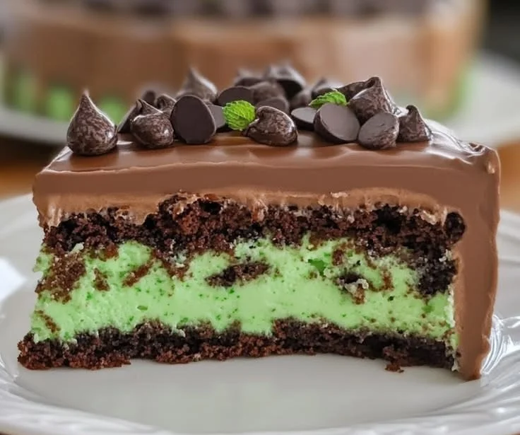 Slices of delicious mint chocolate chip cake on a white plate
